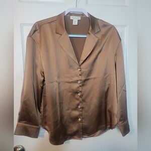 Rachel Zoe Large Collared Button Down Long Sleeve Brown Polyester Blouse L